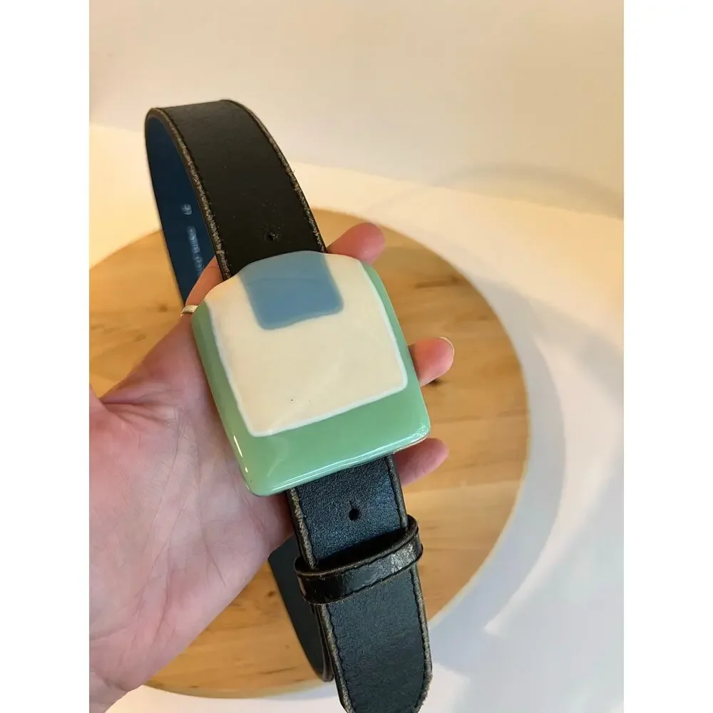 Vintage Black Italian Genuine Leather Glass Large Glass Buckle Belt Size Small